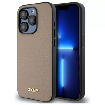DKNY DKHMP15LPGHLME Hardcase til iPhone 15 Pro 6,1 inch beige med gennarvet metallogo og MagSafe