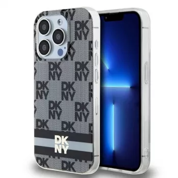 DKNY DKHMP15LHCPTSK Hard Case til Apple iPhone 15 Pro 6,1 inch - sort, ternet mono-mønster & trykte striber med MagSafe