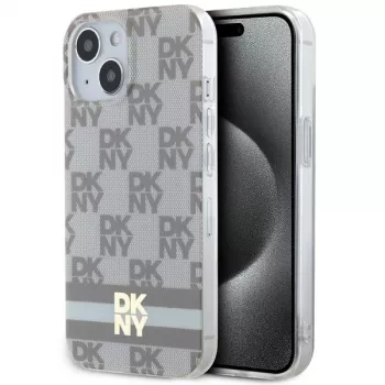 DKNY DKHMP14SHCPTSE Hard Case til iPhone 14/15/13 6,1 inch beige ternet monomønster & trykte striber MagSafe