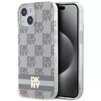 DKNY DKHMP15MHCPTSE Hard Case til iPhone 15 Plus / 14 Plus 6,7 inch beige ternet monokromt mønster & trykte striber MagSafe
