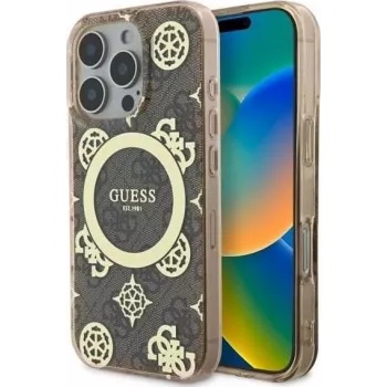 Guess GUHMP16XH4PYEEW iPhone 16 Pro Max 6,9 inch Hardcase IML Peony On 4G Background MagSafe brun