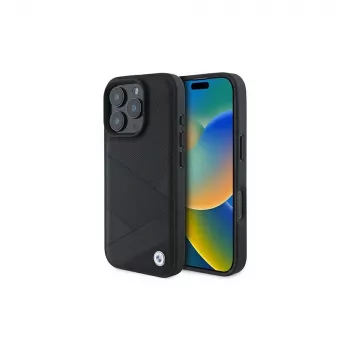 BMW Sign Leather Crossing Lines Pattern hardcase til Apple iPhone 16 Pro 6,3 inch sort