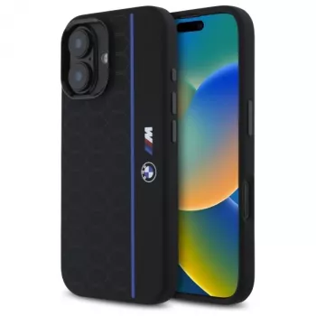BMW BMHMP16S23SHEB iPhone 16 6,1 inch sort silikone-hardcase Hexagon Blue Line MagSafe