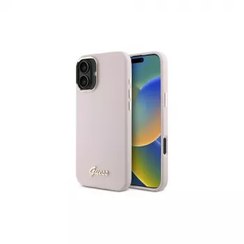 Guess GUHCP16MSMBSLP iPhone 16 Plus 6,7 inch pink silikone hårdt cover med Script-metal-logo og ramme