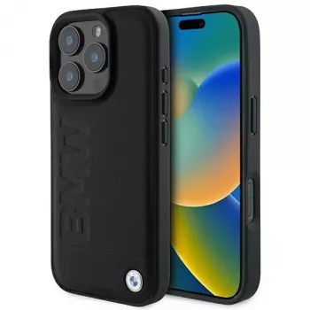 BMW Hot Stamp Leather hardcase til iPhone 16 Pro 6,3 inch sort