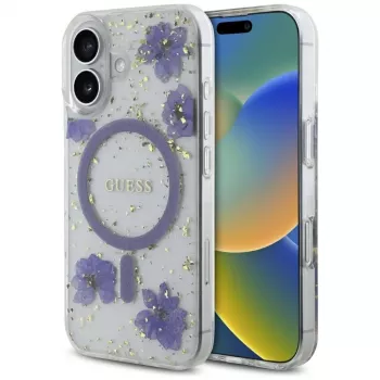 Guess Resin Flowers Glitter MagSafe-cover til iPhone 16 lilla