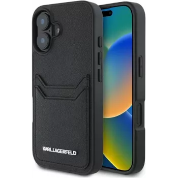 Karl Lagerfeld HC Grained PU Card Slot Metal Elongated cover til iPhone 16, sort