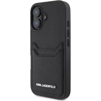 Karl Lagerfeld HC Grained PU Card Slot Metal Elongated cover til iPhone 16, sort