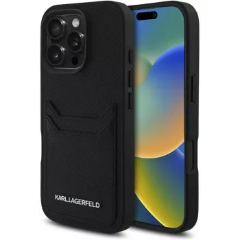 KARL LAGERFELD HC Grained PU Card Slot Metal Elongated cover til iPhone 16 Pro sort