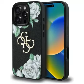 Guess Grained Roses Big 4G Logo Case til iPhone 16 Pro Max, sort