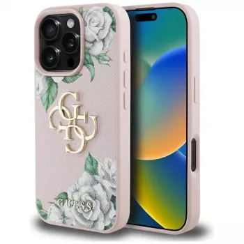 Guess Grained Roses Big 4G Logo Case til Apple iPhone 16 Pro, pink