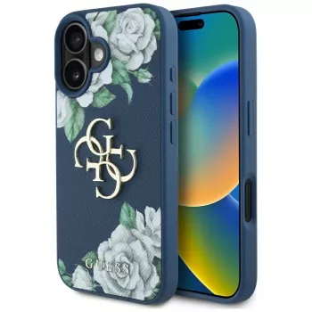 Guess Grained Roses Big 4G Logo Case til Apple iPhone 16 - blå