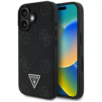 Guess Grained Hot Stamp Peony Triangle Logo MagSafe Case til iPhone 16 (sort)