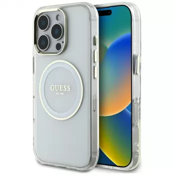 Guess IML Metal Colored Circle Classic Logo MagSafe Case til iPhone 16 Pro Max (hvid)