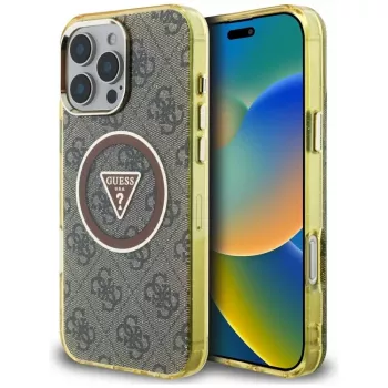 Guess IML Metal Glitter 4G Circle Triangle MagSafe Case til iPhone 16 Pro Max (brun)