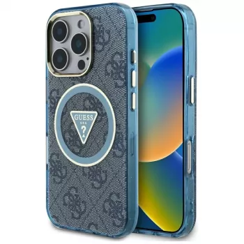 Guess IML Metal Glitter 4G Circle Triangle MagSafe Case til iPhone 16 Pro (blå)