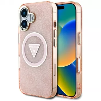 Guess IML Metal Glitter 4G Circle Triangle MagSafe Case til iPhone 16 (pink)
