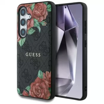 Guess læder 4G Flowers Print Metal Classic Logo MagSafe-cover til Samsung Galaxy S25, sort