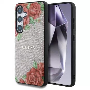 Guess læder 4G Flowers Print Metal Classic Logo MagSafe-cover til Samsung Galaxy S25 pink