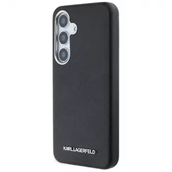 KARL LAGERFELD Saffiano FullWrapped Elongated Metal Logo MagSafe Case for Samsung Galaxy S25+, Black