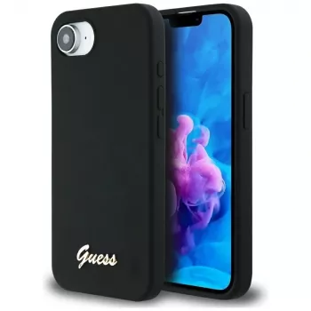 Guess Silicone Script Metal Logo MagSafe Case til iPhone 16e (sort)