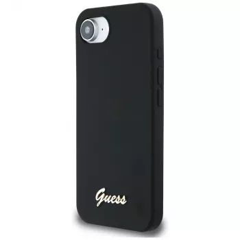 Guess Silicone Script Metal Logo MagSafe Case til iPhone 16e (sort)