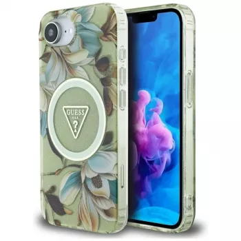 Guess IML Metal Glitter Flowers Triangle MagSafe bagcover til Apple iPhone 16e, grøn