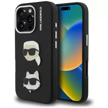 KARL LAGERFELD FW Grained Karl & Choupette Heads Pins Case til iPhone 16 Pro Max, sort