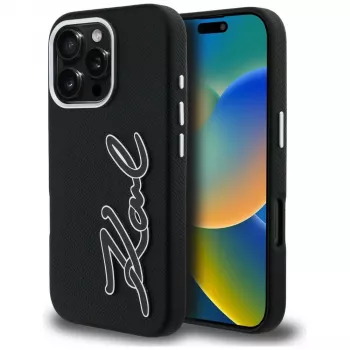 KARL LAGERFELD FW Grained Signature Logo Case til iPhone 16 Pro Max, sort