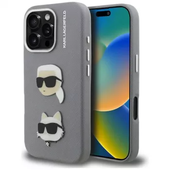 Karl Lagerfeld FW Grained Karl & Choupette Heads Pins Case til iPhone 16 Pro, grå