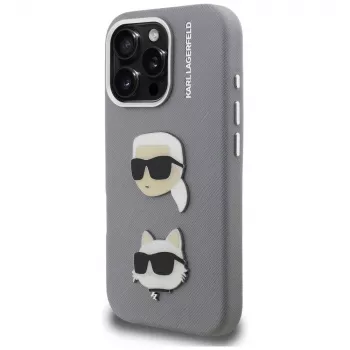 Karl Lagerfeld FW Grained Karl & Choupette Heads Pins Case til iPhone 16 Pro, grå