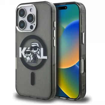 Karl Lagerfeld IML Glitter Karl & Choupette Sketch Logo MagSafe Case til iPhone 16 Pro Max, sort