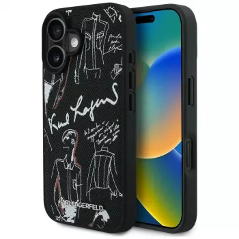 KARL LAGERFELD Grained Pattern & Logo MagSafe Case til iPhone 16, sort