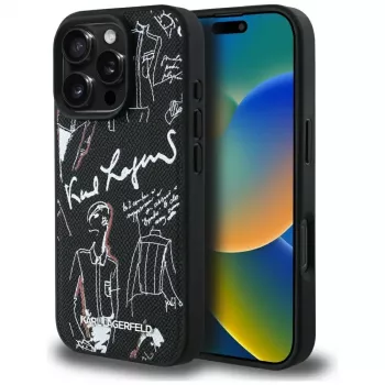 KARL LAGERFELD Grained Pattern & Logo MagSafe Case til iPhone 16 Pro Max, sort