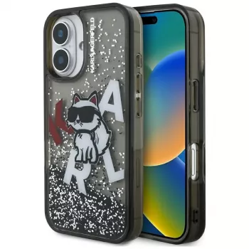 KARL LAGERFELD Liquid Glitter Choupette Logo-cover til iPhone 16, sort