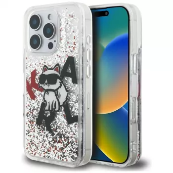 KARL LAGERFELD Liquid Glitter Choupette Logo-cover til iPhone 16 Pro, transparent