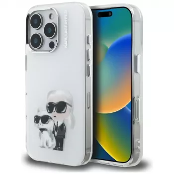 Karl Lagerfeld IML Aquarelle Karl & Choupette & Logo-cover til iPhone 16 Pro Max, hvid