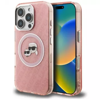Karl Lagerfeld IML Glitter Karl & Choupette Heads Logo MagSafe-cover til iPhone 16 Pro, pink