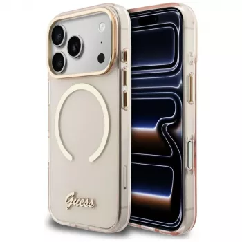 Guess IML Script Metal MagSafe-cover til iPhone 15 Pro, pink