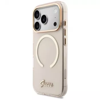 Guess IML Script Metal MagSafe-cover til iPhone 15 Pro, pink