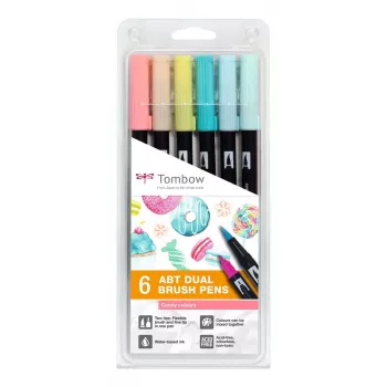 Tombow ABT-6P-4 Dual Brush Pen sæt - 6 penne - fin & penselspids - flerfarvet - rund