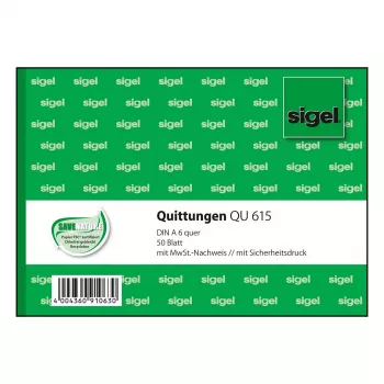 Sigel QU615 kvitteringsbog, A6 liggende, 50 ark, grøn