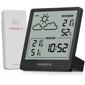 KIENZLE Wetterstation Slim (15002) med trådløs udendørssensor, LCD-display, vejrudsigt, månefase, vækkeur