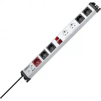 Heinrich Kopp POWERversal stikkontaktliste med 7 AC-stikkontakter, type F, IP20, 3600 W, sort/grå/rød/hvid, 1,4 m kabel