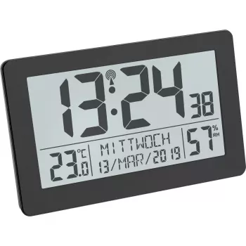 TFA Dostmann 60.2557.01 radiostyret ur med indeklima, stort display, sort