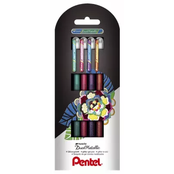 Pentel Dual Metallic Gel Pen Set - 4 Colors (Green, Orange, Pink, Violet) - 0.5 mm Fine Point - Plastic Barrel - Blister Pack