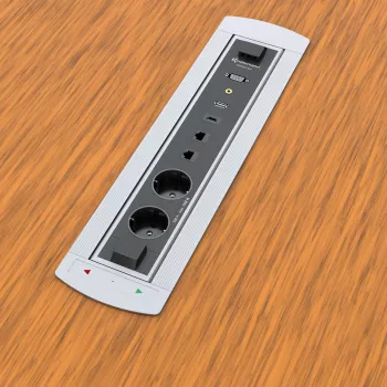Kindermann CablePort Turn bordindbygningsdåse med 2 Schuko-stikdåser, 2 RJ45 CAT6, 2 HDMI, 1 USB-A 3.0, 360°-drejning, sølv/sort