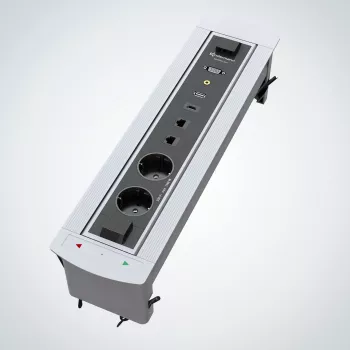 Kindermann CablePort Turn bordindbygningsdåse med 2 Schuko-stikdåser, 2 RJ45 CAT6, 2 HDMI, 1 USB-A 3.0, 360°-drejning, sølv/sort