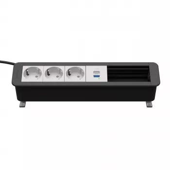 Kindermann CP Office Desk Power & Connectivity Unit, 6 slots, 3x Schuko-stik, 1x USB-C PD 60W, 3 m kabel, sølv