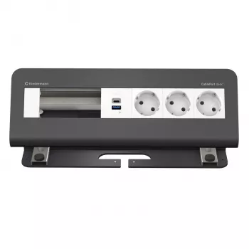 Kindermann CablePort desk² 6-fach 3x Schuko 2x USB-A skrivebordstilslutningsmodul sølv/sort